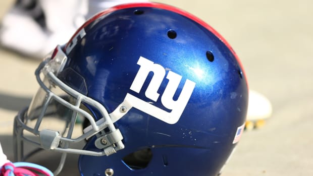 Oct 7, 2018; Charlotte, NC, USA; A New York Giants helmet sits on the sidelines against the Carolina Panthers at Bank of America Stadium.